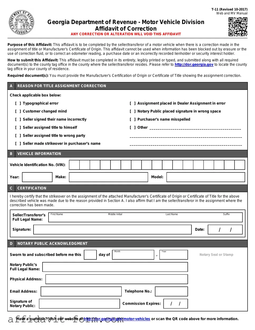 Blank T11 Affidavit Of Correction PDF Template