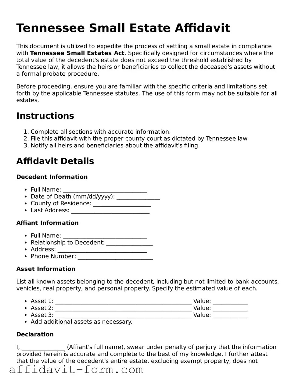 Printable  Small Estate Affidavit Form for Tennessee