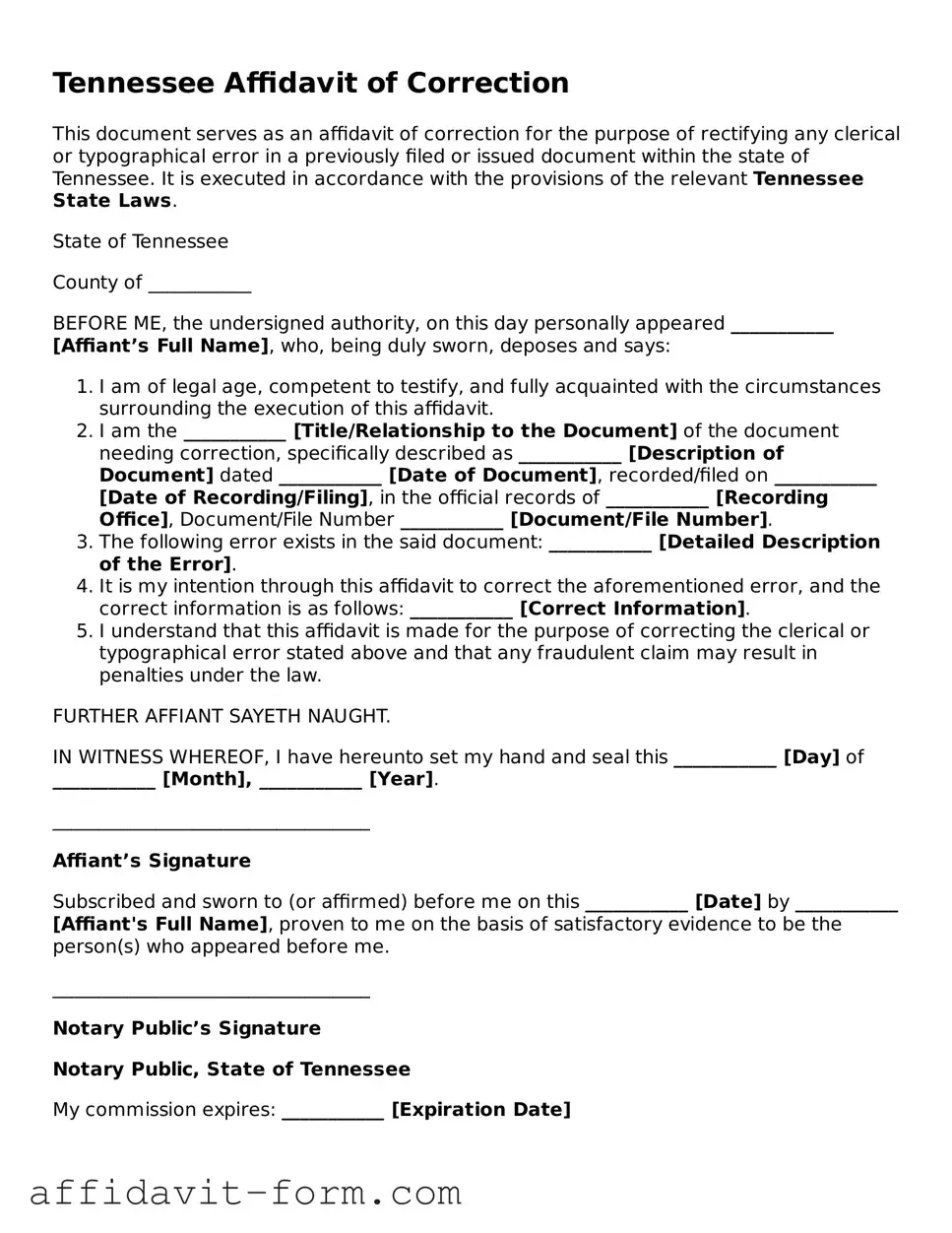 Printable  Affidavit of Correction Form for Tennessee