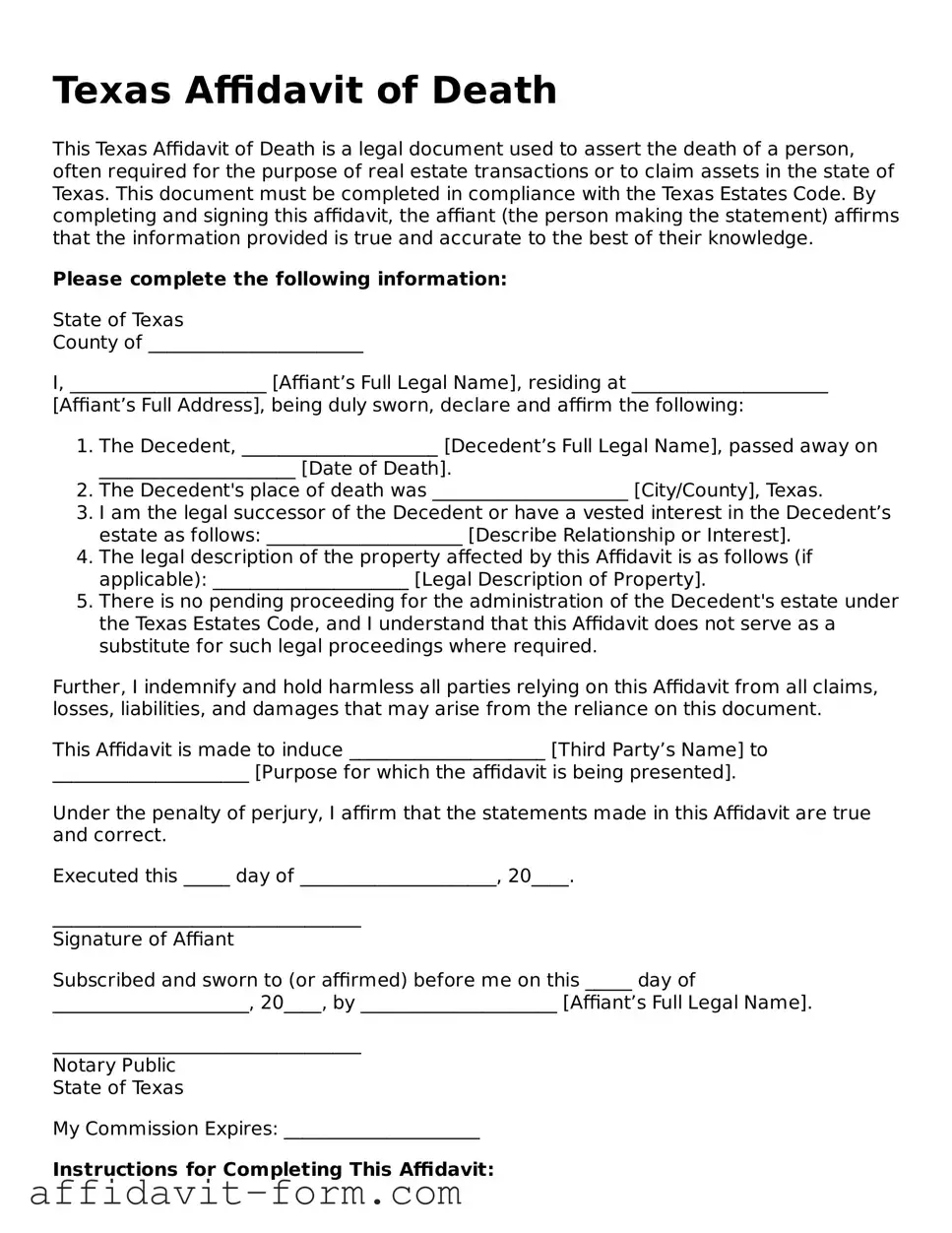 Printable  Affidavit of Death Form for Texas