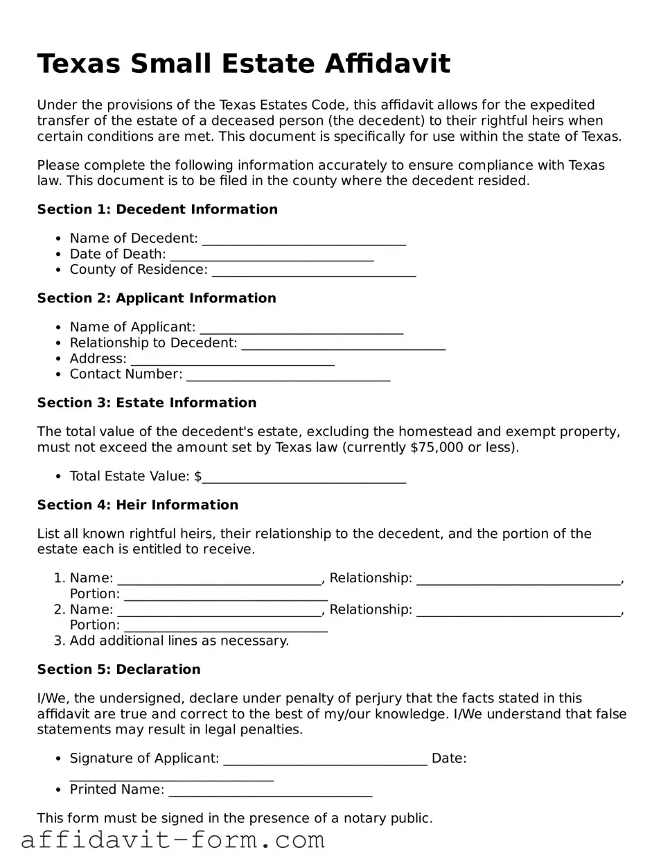 Printable  Small Estate Affidavit Form for Texas