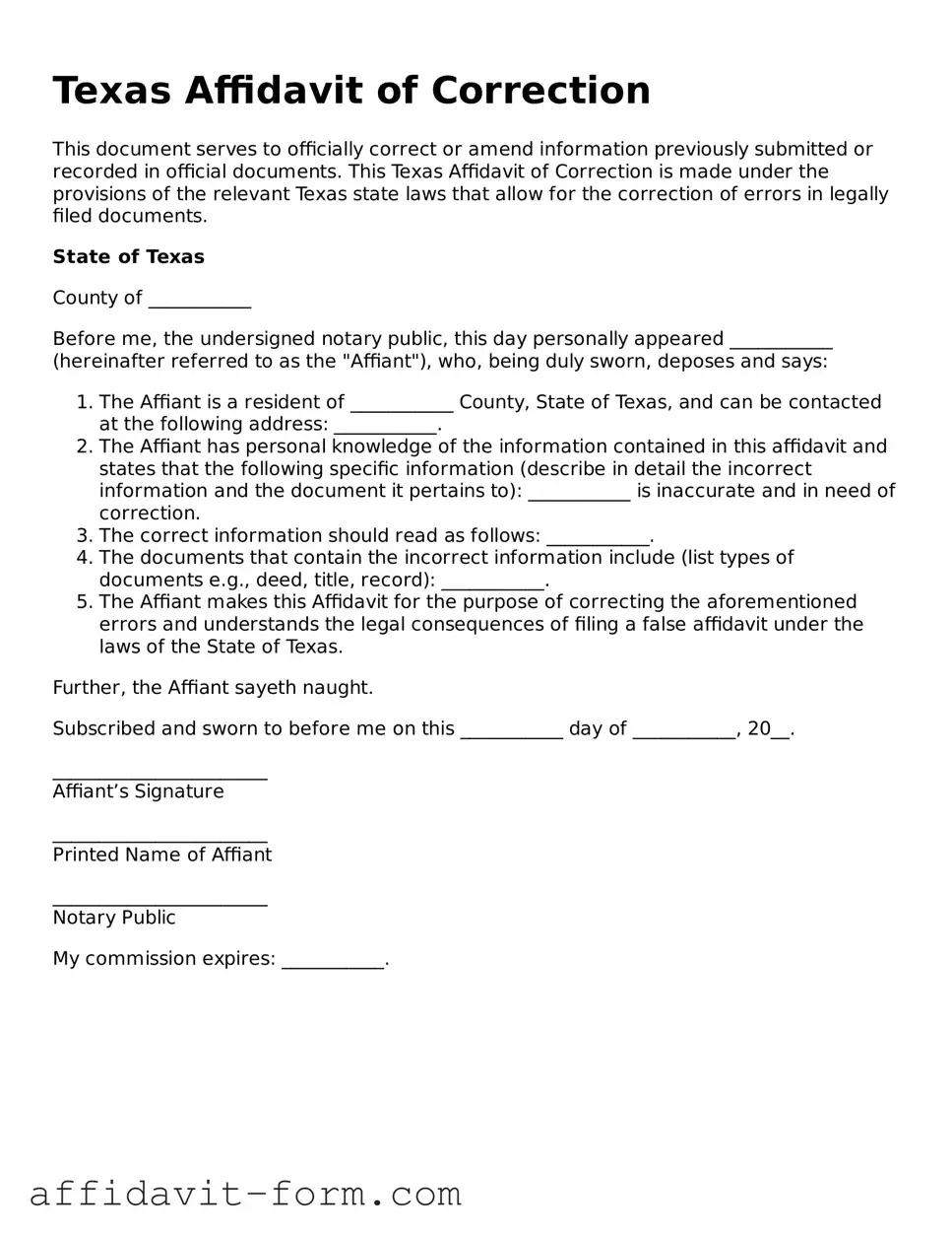 Printable  Affidavit of Correction Form for Texas