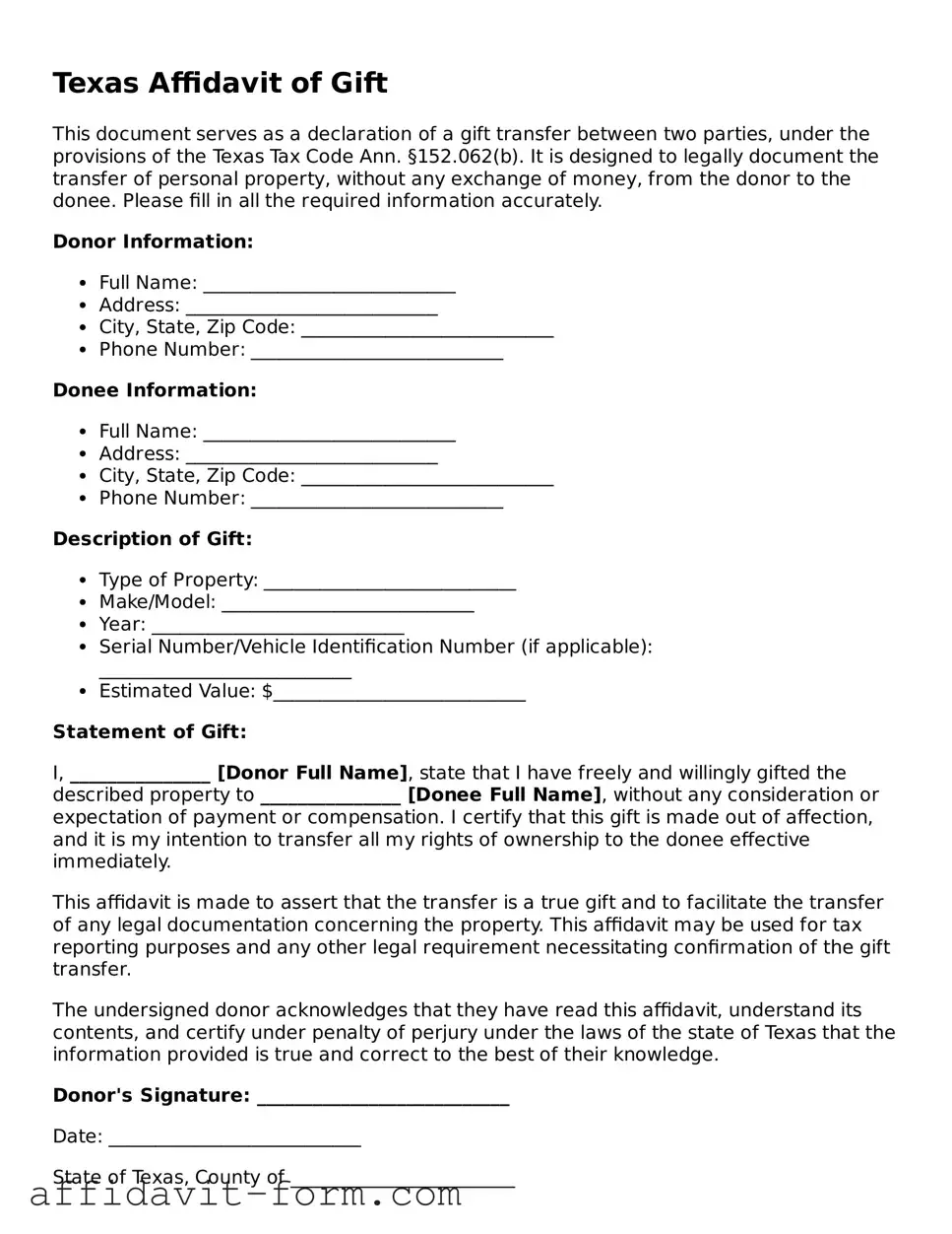 Printable  Affidavit of Gift Form for Texas