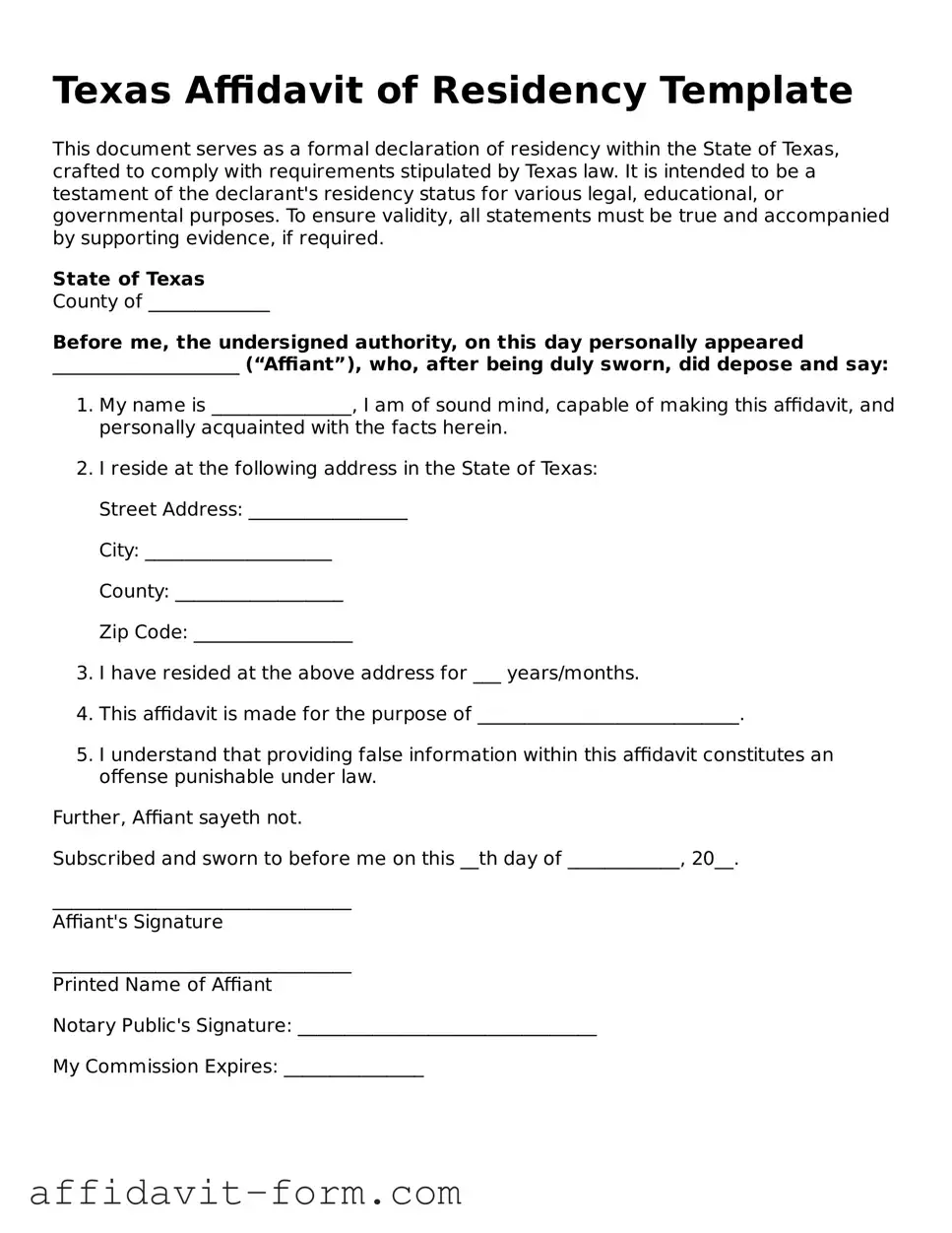 Printable  Affidavit of Residency Form for Texas