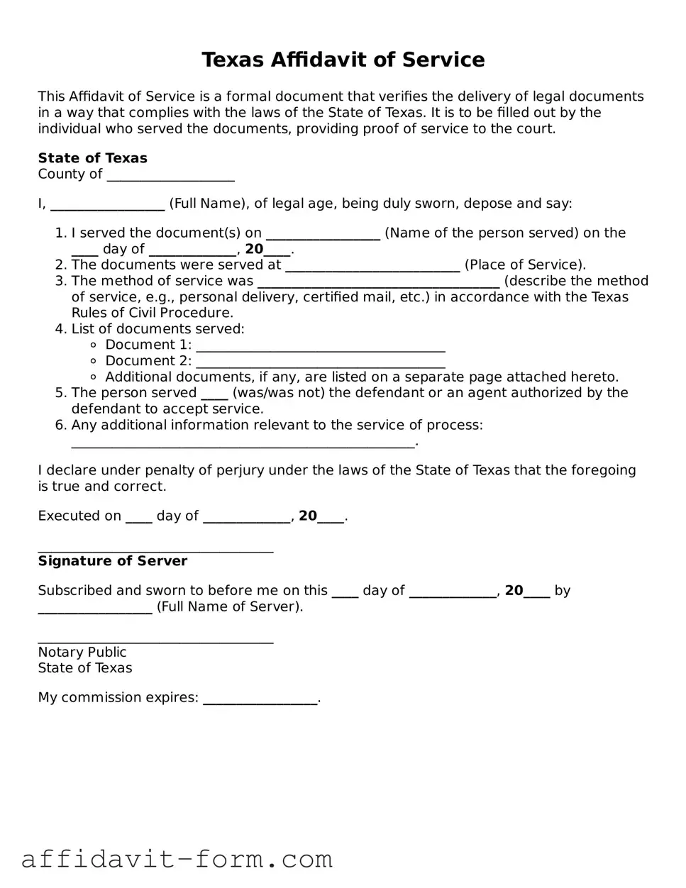 Printable  Affidavit of Service Form for Texas