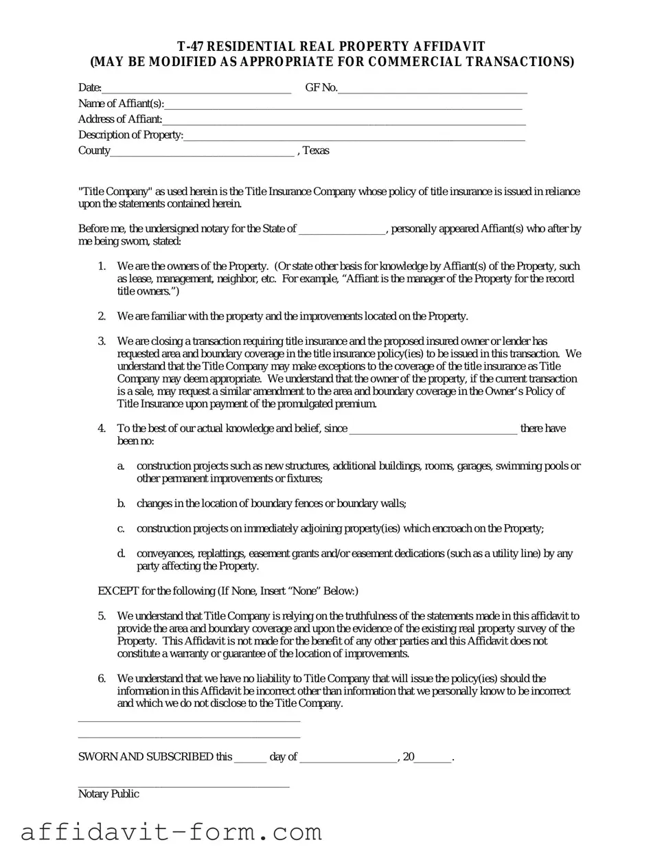 Blank Texas residential property affidavit T-47 PDF Template