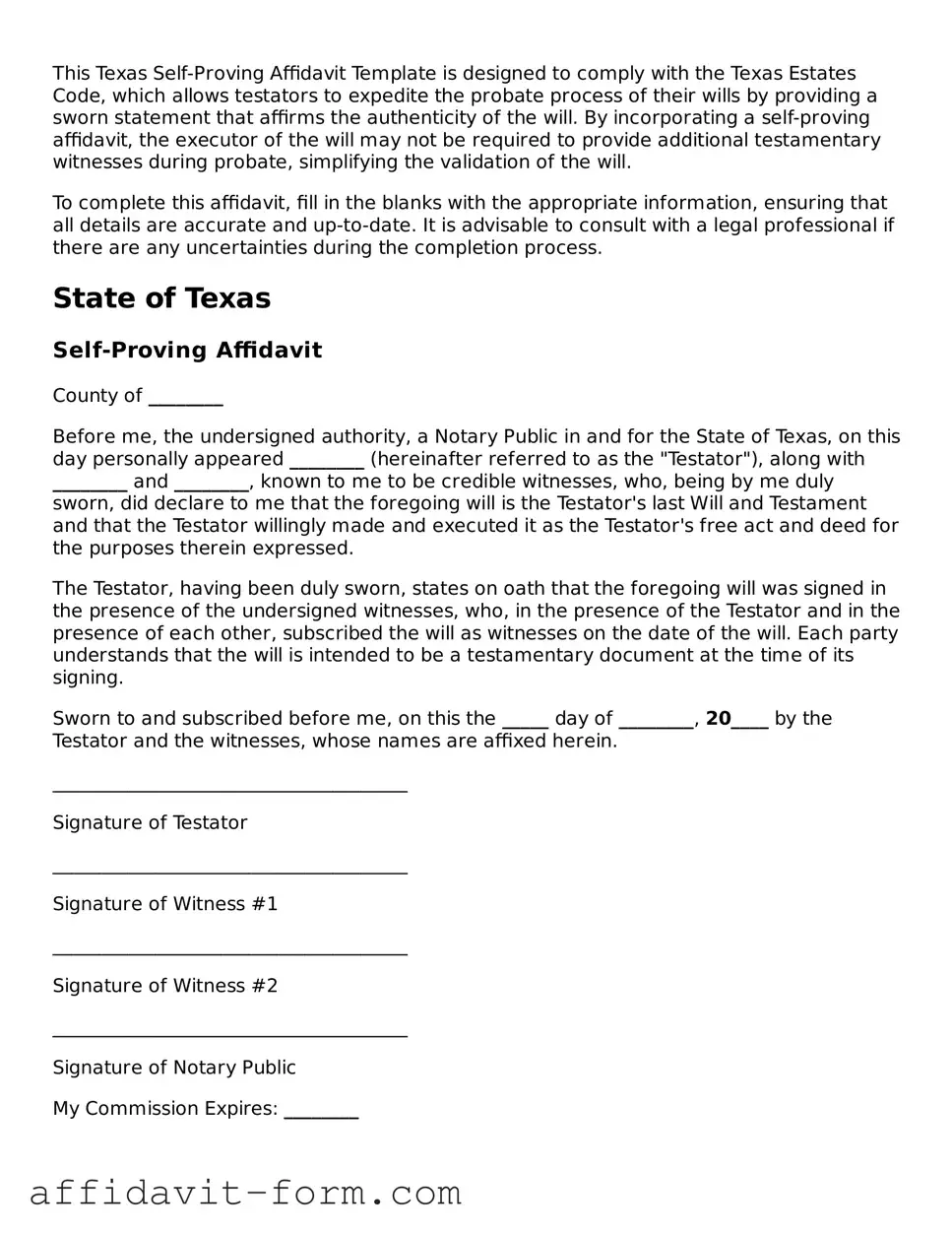 Printable  Self-Proving Affidavit Form for Texas