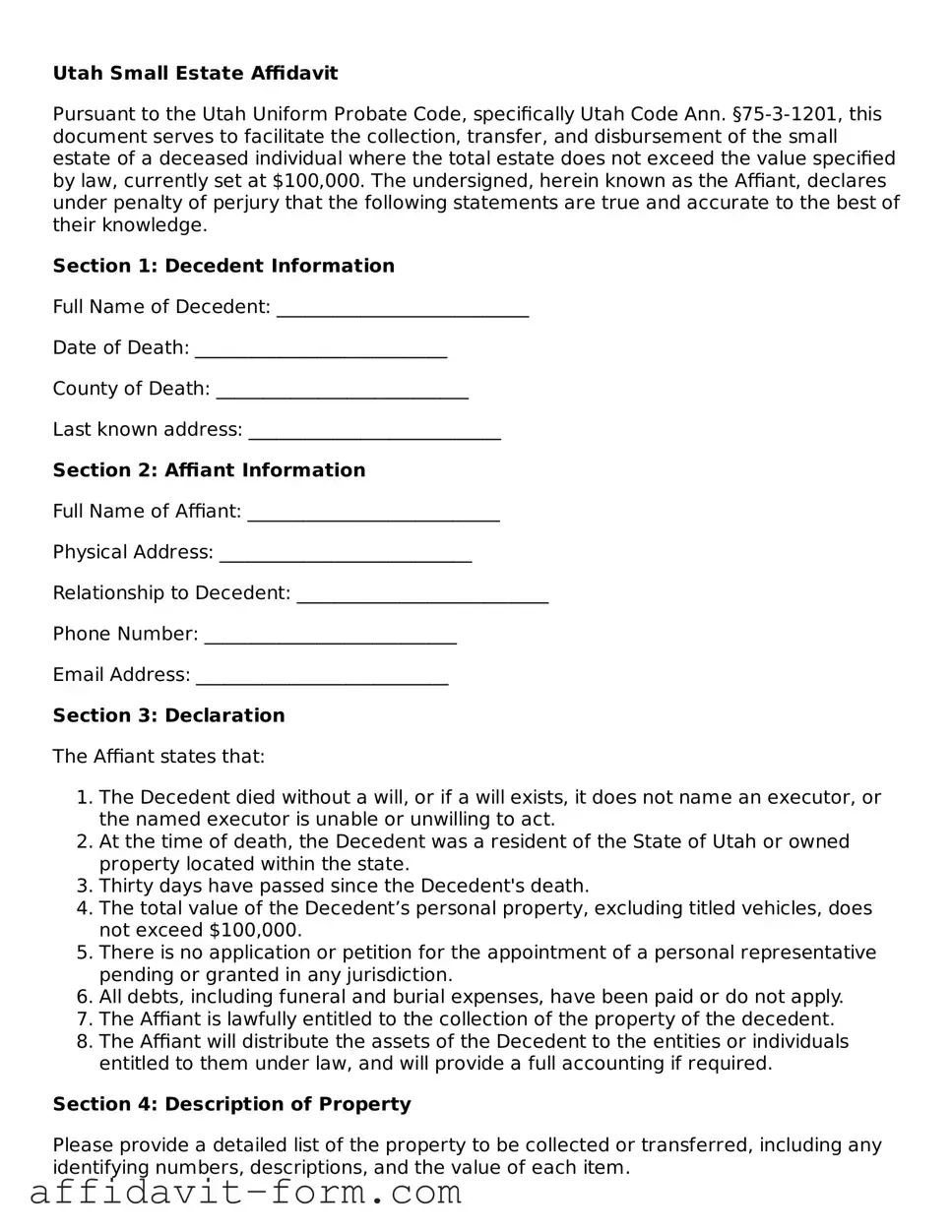 Printable  Small Estate Affidavit Form for Utah