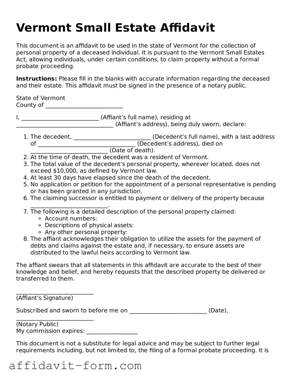Printable  Small Estate Affidavit Form for Vermont