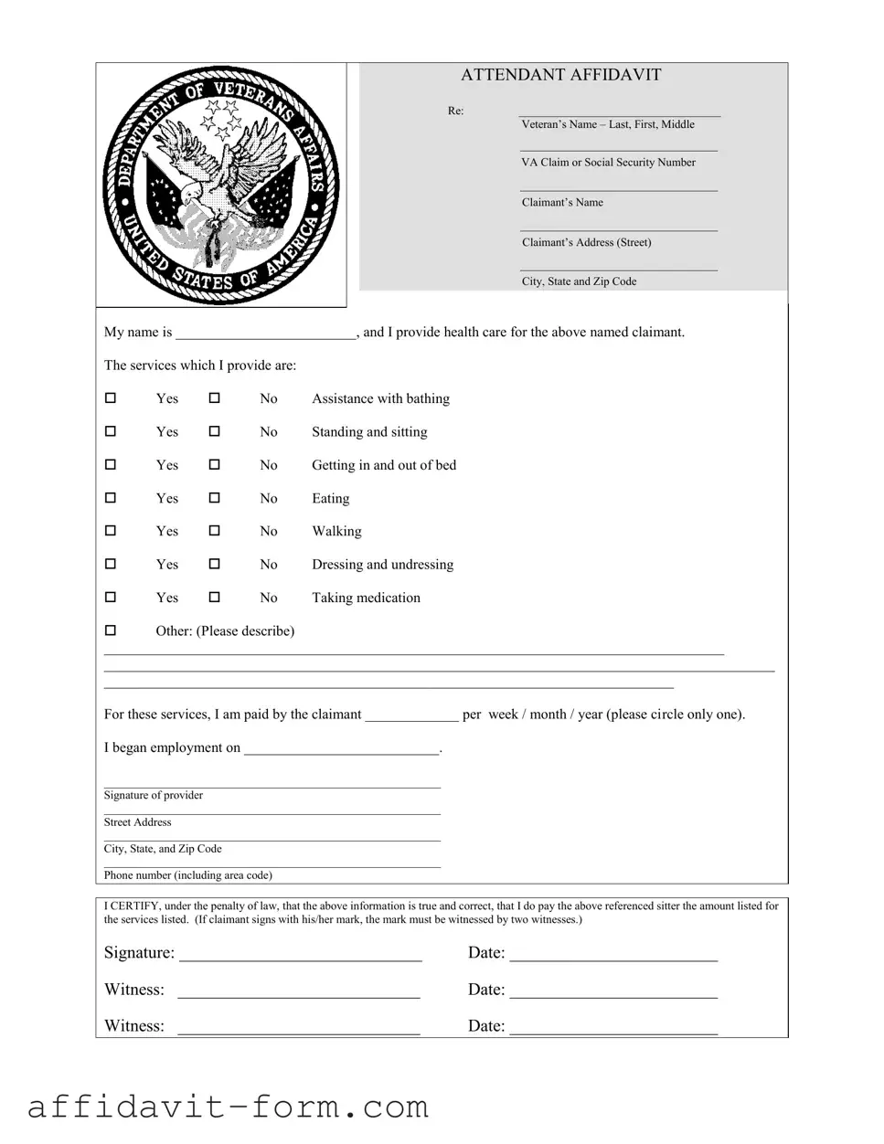 Blank Veterans Affair Attendant Affidavit PDF Template