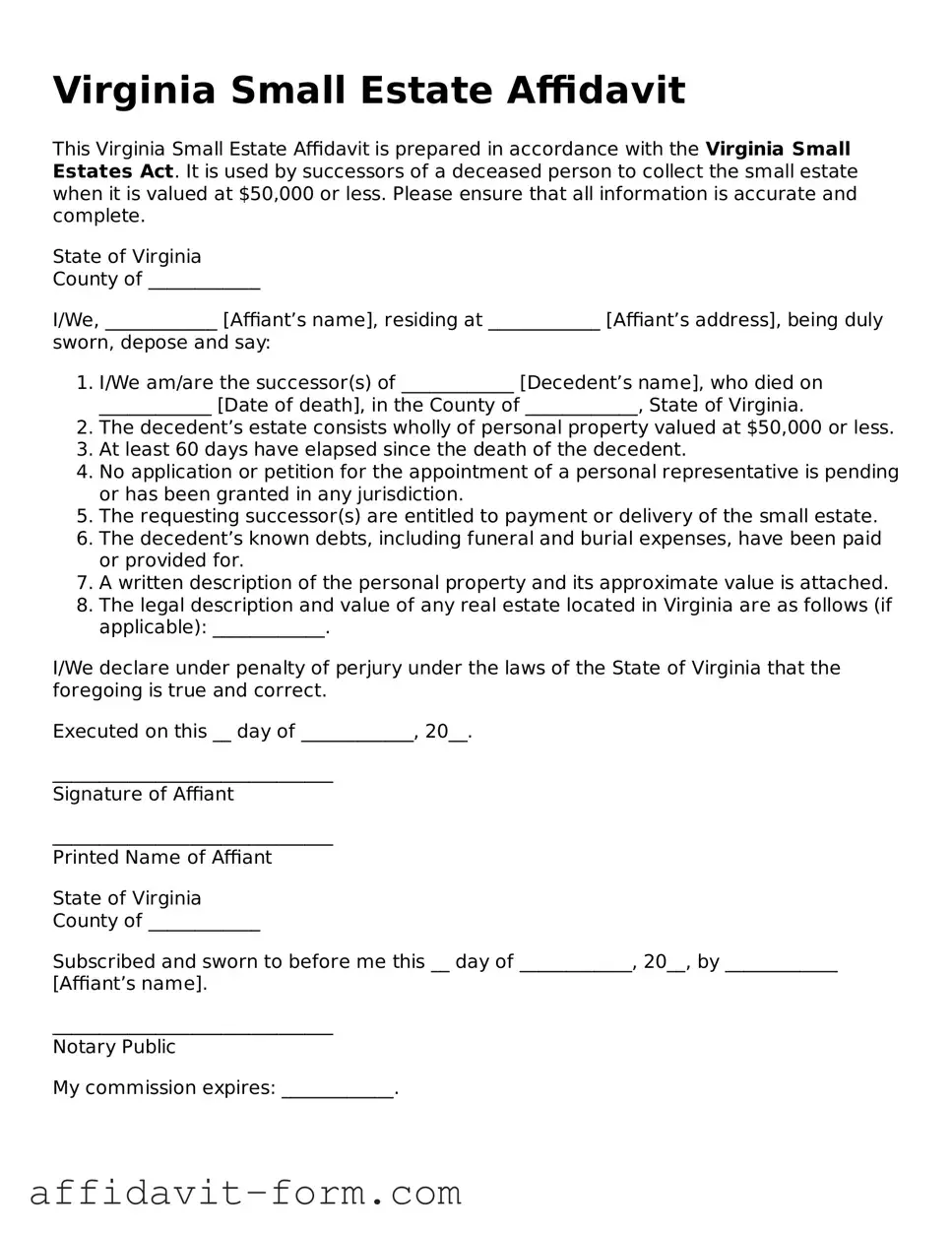Printable  Small Estate Affidavit Form for Virginia