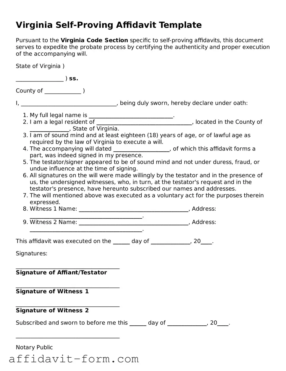 Printable  Self-Proving Affidavit Form for Virginia