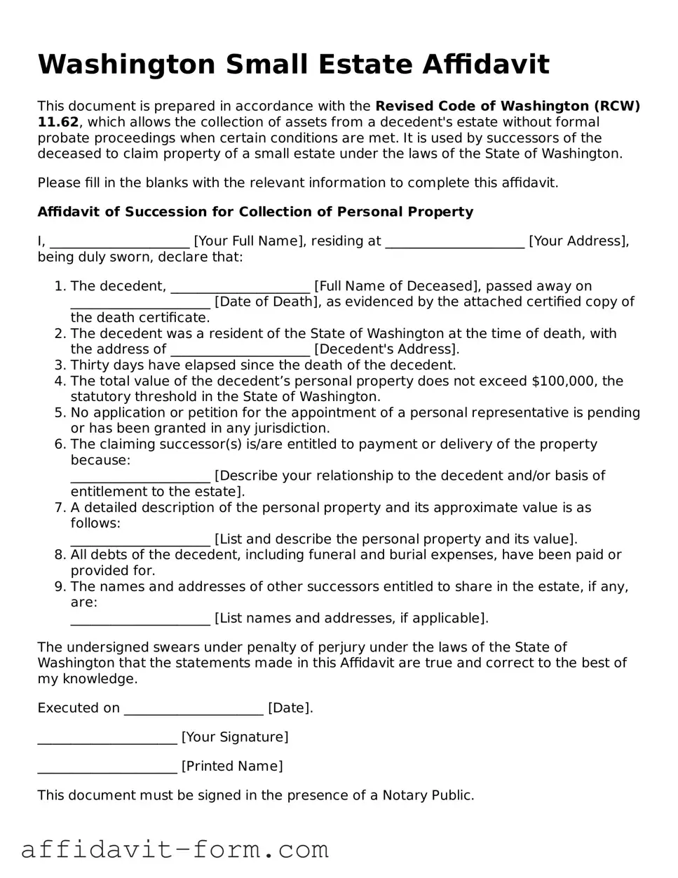 Printable  Small Estate Affidavit Form for Washington