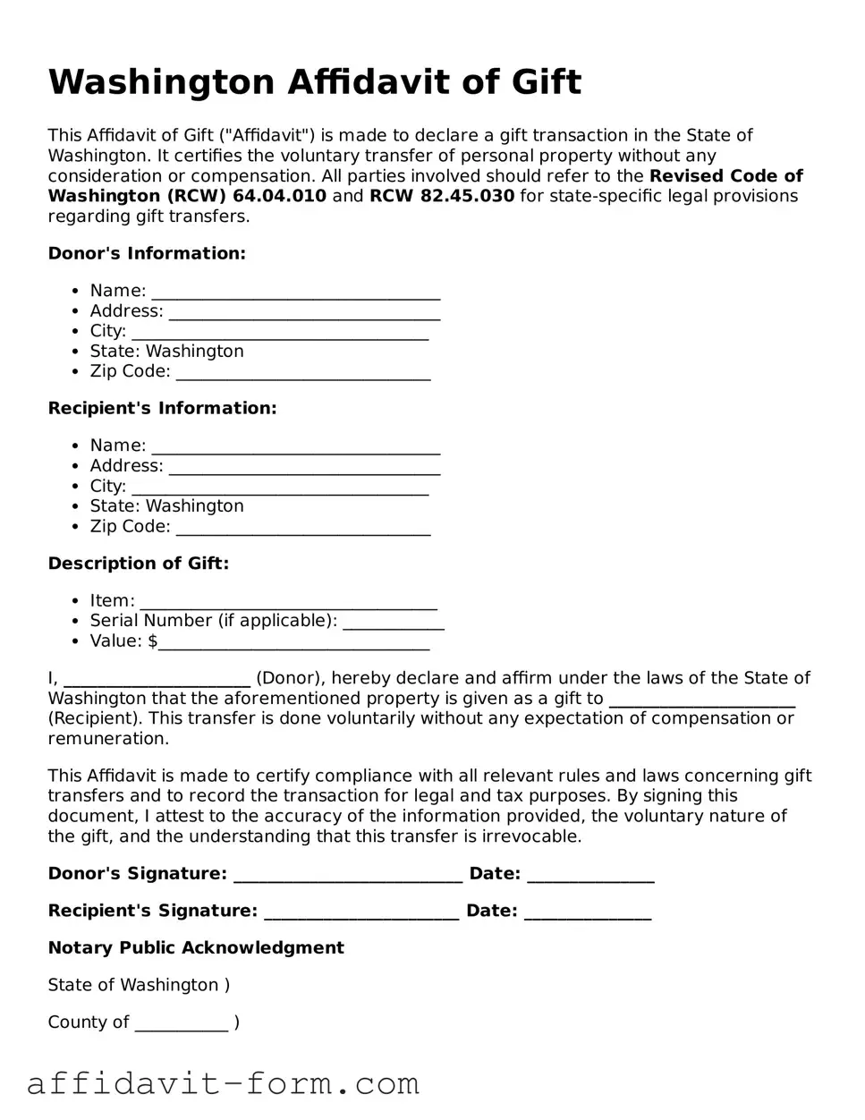 Printable  Affidavit of Gift Form for Washington