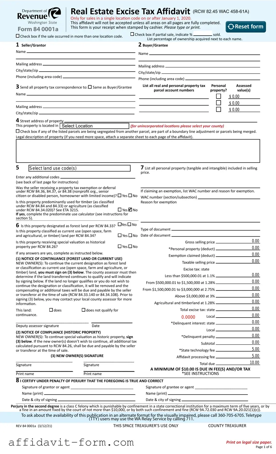 Blank Washington Real Estate Excise Tax Affidavit PDF Template
