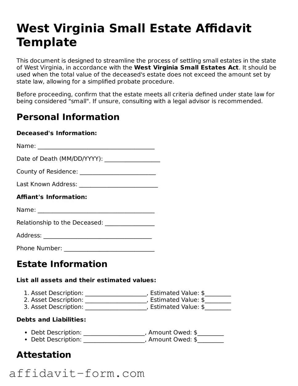Printable  Small Estate Affidavit Form for West Virginia