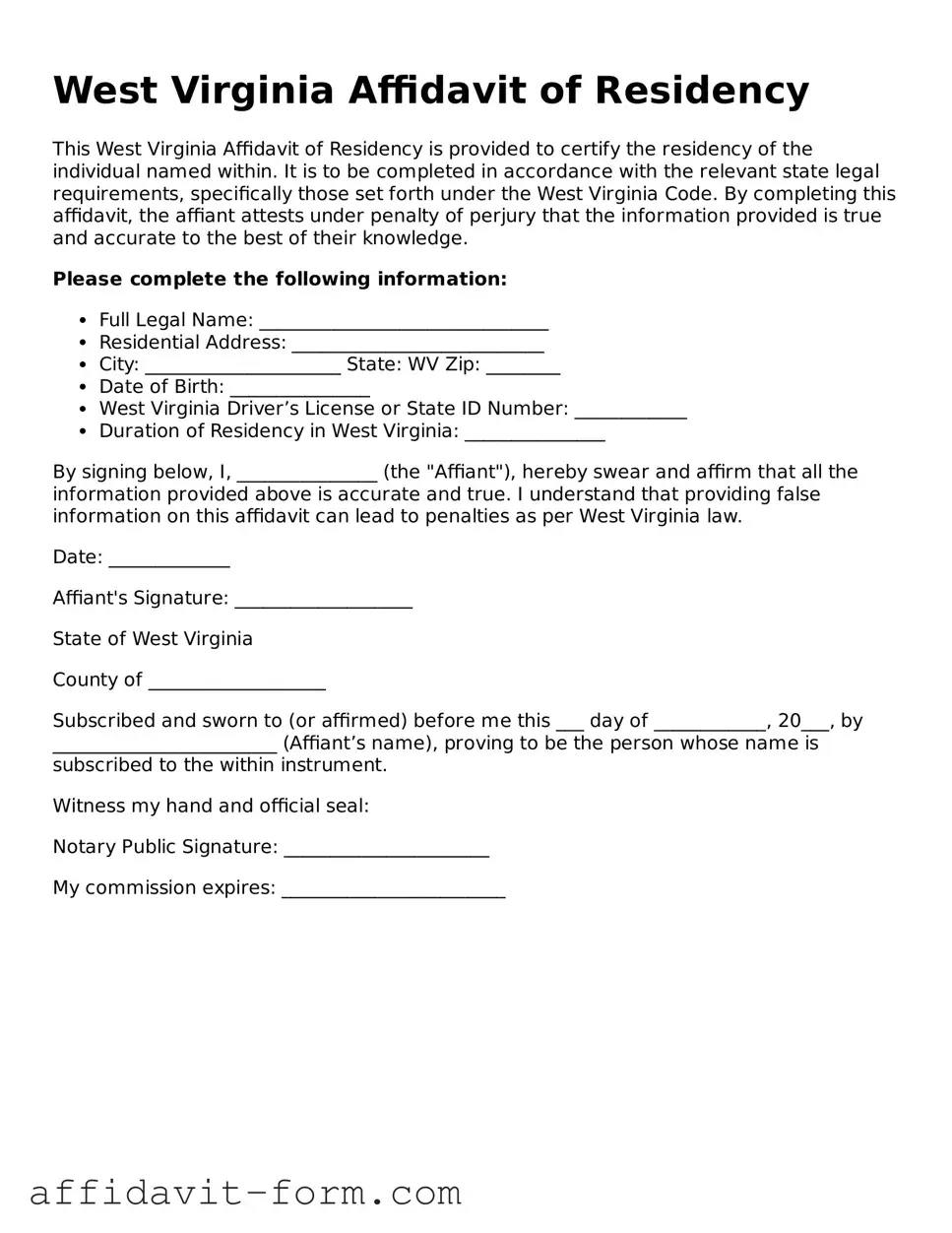 Printable  Affidavit of Residency Form for West Virginia
