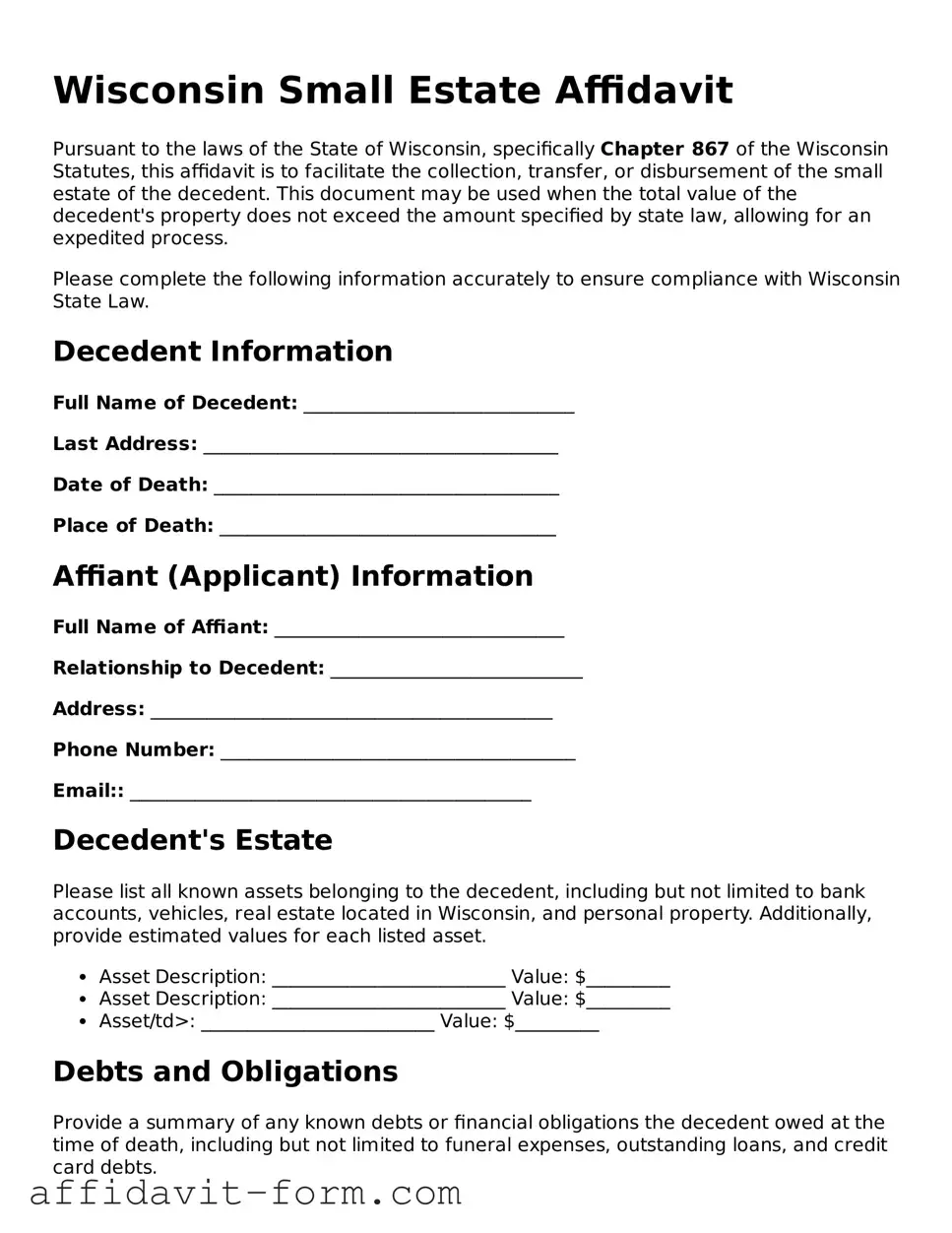 Printable  Small Estate Affidavit Form for Wisconsin