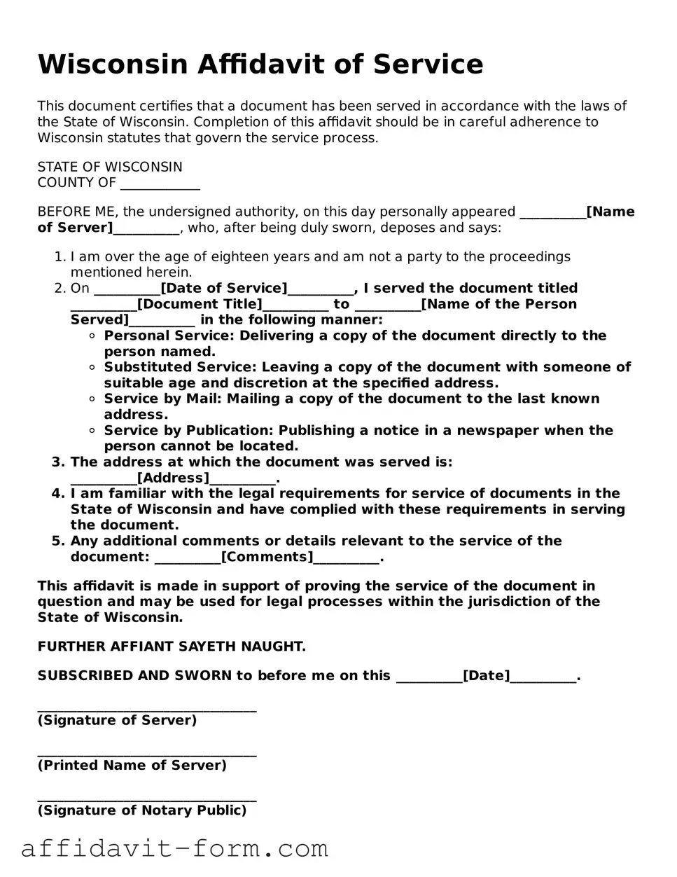 Printable  Affidavit of Service Form for Wisconsin