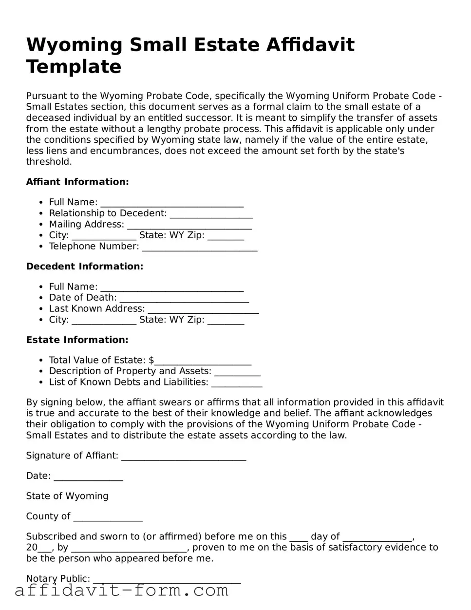 Printable  Small Estate Affidavit Form for Wyoming